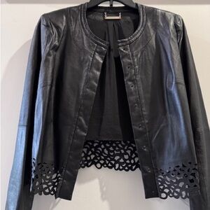 Diane Von Furstenberg Black Leather Jacket with Laser-Cut Hem